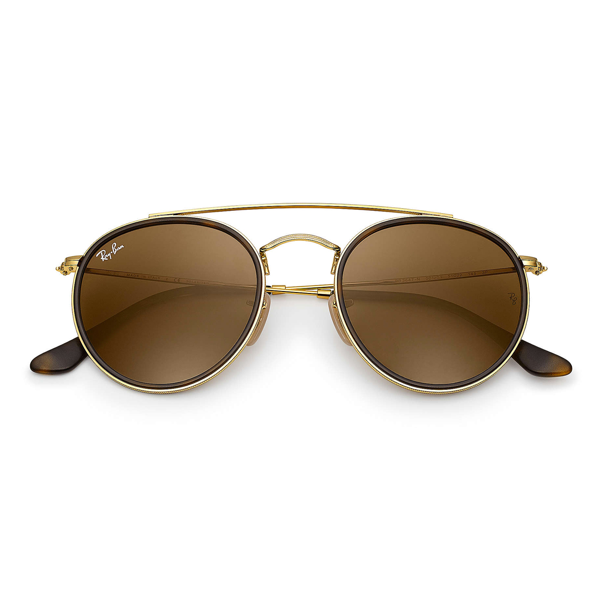 Lunettes de soleil Ray Ban Round Double Bridge dor e Marron Prix